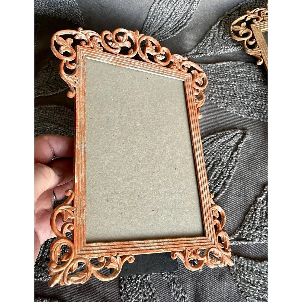 Metal Free Standing Frames Pair (2) Orange Ornate Matte Glass Taiwan Autumn Fall